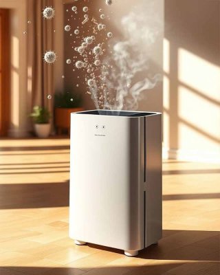 Бактерицидный рециркулятор воздуха в помещении, через который проходит поток с частицами пыли и микроорганизмами, демонстрируя процесс УФ-обеззараживания и очистки воздуха в квартире или офисе