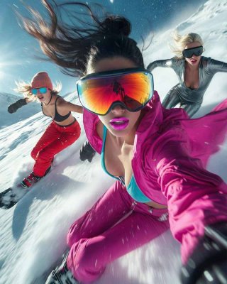 Девушки на сноубордах стремительно спускаются по горному склону, ветер развевает одежду, передавая атмосферу экстремального зимнего спорта. Иллюстрация к теме выбора лучшего утеплителя зимней одежды