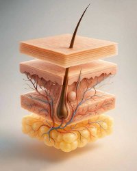 Реалистичная 3D-модель слоев кожи, демонстрирующий анатомию дермы, волосяной фолликул, кровеносные сосуды и жировую ткань; отображен структурный каркас внеклеточного матрикса, где коллаген обеспечивает прочность и эластичность тканей, что критически важно для понимания пользы и вреда коллагеновых добавок для кожи и суставов.