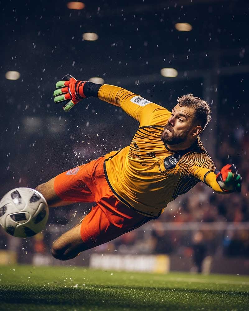 Растяжка для футболистов: упражнения, эффективные методики и рекомендации. На фото Футбольный вратарь в яркой жёлтой форме совершает впечатляющий прыжок, пытаясь отбить мяч во время игры. Действие происходит под дождём на освещённом стадионе, создавая напряжённую и динамичную атмосферу.