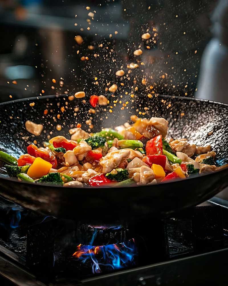 Аппетитное фитнес-блюдо из быстро обжаренных на сильном огне кусочков курицы и ярких овощей (брокколи, перец, спаржевая фасоль). Брызги масла и сока подчеркивают динамичный процесс приготовления.