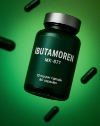 Банка ибутаморена MK-677 на зелёном фоне, сопровождающий статью о дозировках, длительности курса и особенностях приёма препарата для набора массы и восстановления после тренировок.