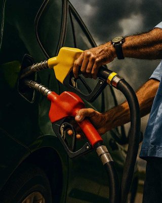 Жёлтый и красный заправочные пистолеты в руках мужчины являются метафорой сравнения и комбинированного использования аргинина и цитруллина в контексте спортивного применения для улучшения выносливости, пампа и улучшения результативности тренировок