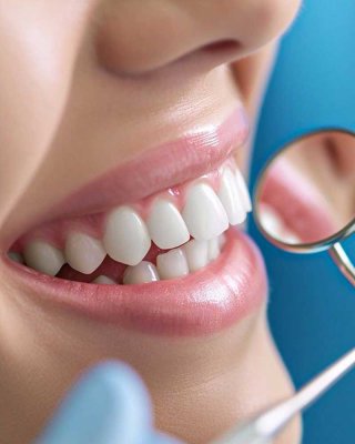 Крупный план здоровой улыбки и осмотра зубов в кресле стоматолога, иллюстрирующий эстетический результат цифрового протезирования CEREC и установки керамических коронок.