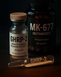 Флакон GHRP-2 и банка MK-677 (Ibutamoren) на тёмном фоне, освещённые мягким лабораторным светом — визуальное отражение сравнения пептида и грелинового миметика, действующих на секрецию гормона роста и IGF-1.